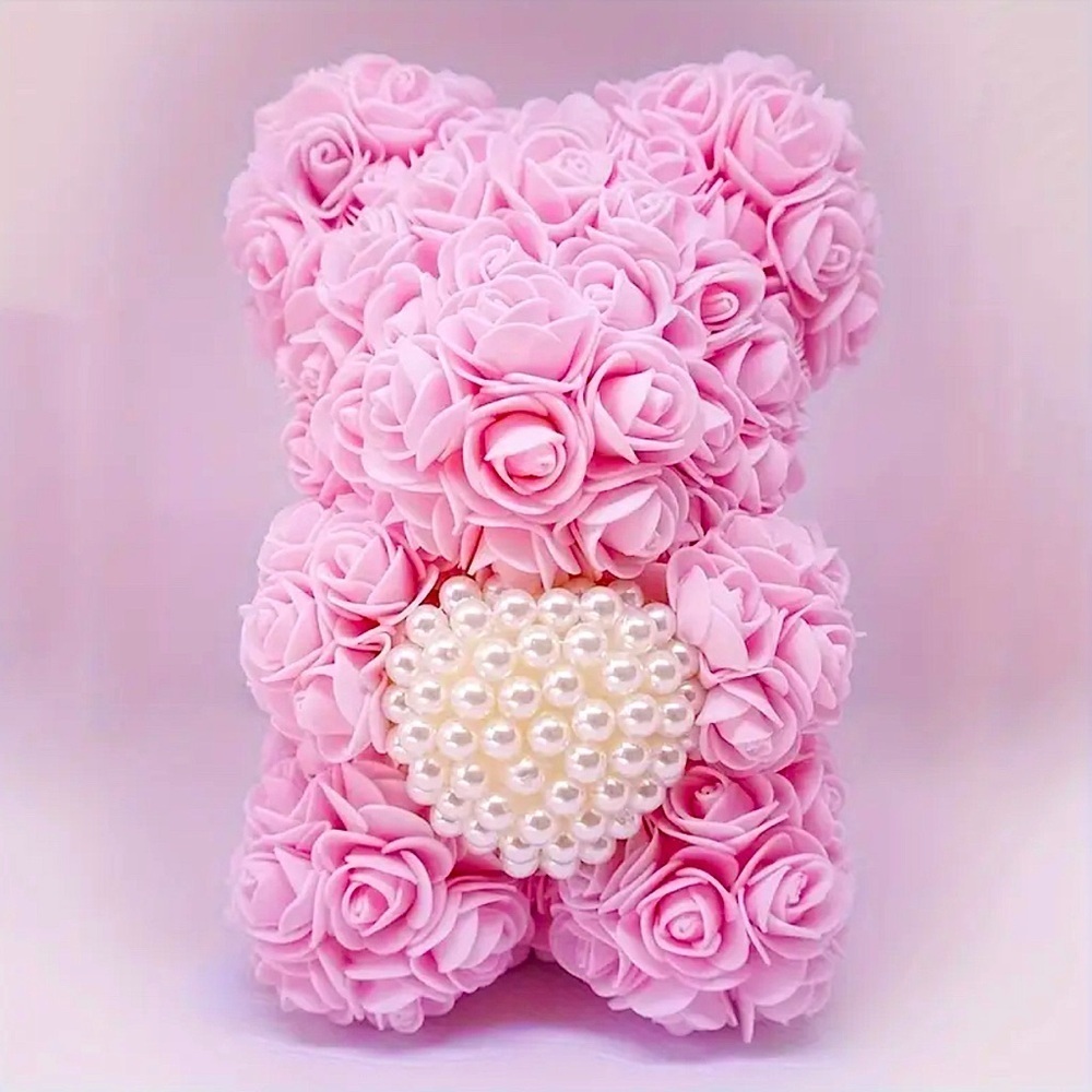 Pink Rose Teddy Bear with Pearl Heart